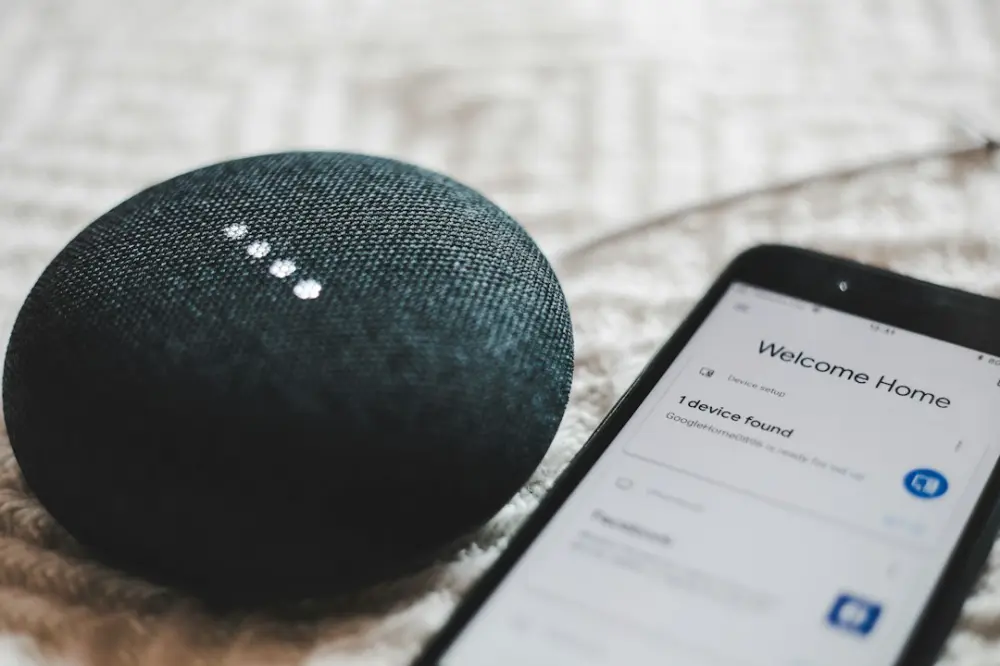 Turned-on charcoal Google Home Mini and smartphone, illustrating smart speakers and voice assistants